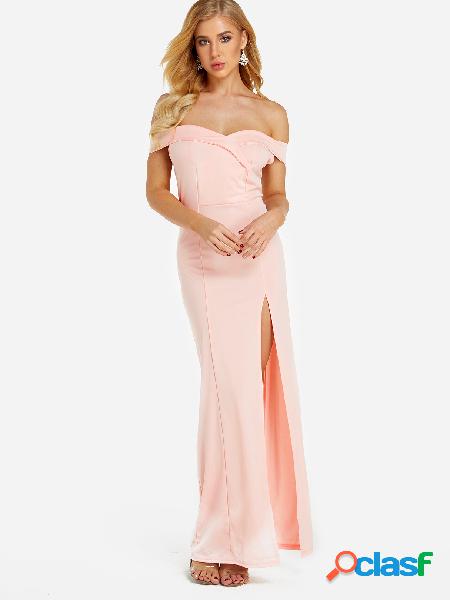 Pink Off Shoulder Slit Hem Maxi Dress