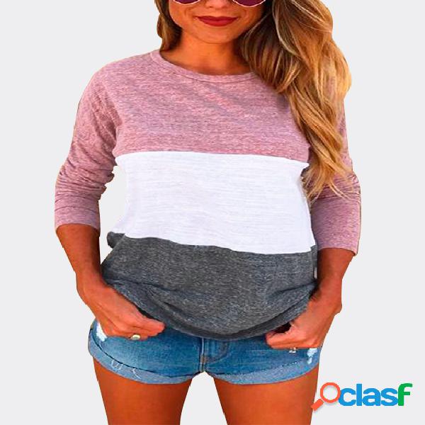 Pink Patch Color Round Neck Long Sleeves T-shirt