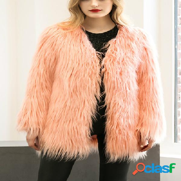 Pink Plain Artificial Fur Open Front Long Sleeves Coat