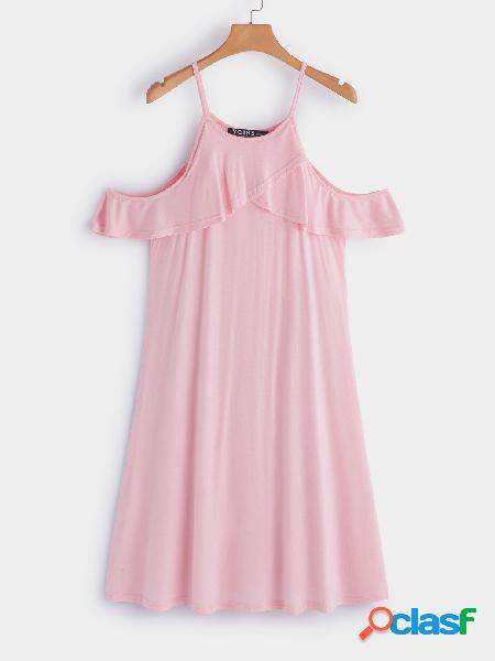 Pink Plain Halter Flounced Hem Short Sleeves Mini Dress