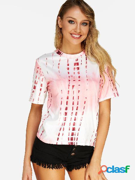 Pink Printed Round Neck Short Sleeves T-shirt
