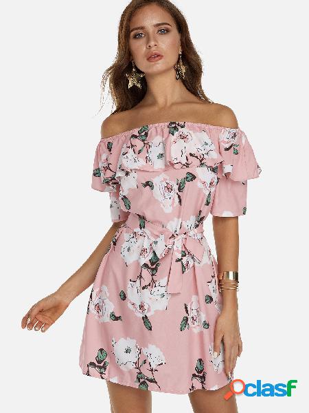 Pink Random Floral Print Off The Shoulder Short Sleeves