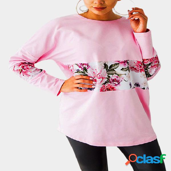 Pink Round Neck Colorblock Floral Print Tee