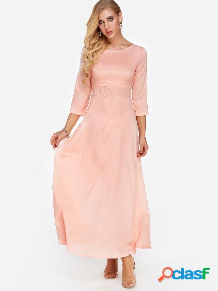 Pink Round Neck Half Sleeves Maxi Dresses