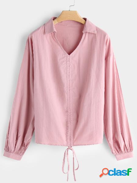 Pink Self-tie Design Plain Classic Collar Long Sleeves