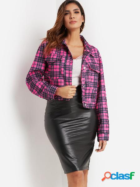 Pink Single Breasted Design Grid Classic Collar Long Sleeves