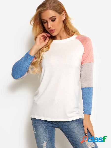 Pink Stripe Patchwork Design Round Neck Long Sleeves T-shirt