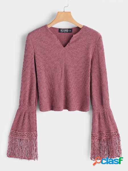 Pink Tassel Sleeves Cropped Fashion Knitted Sweater
