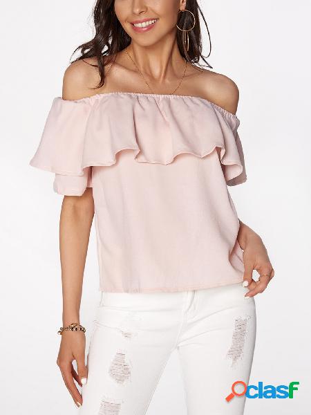 Pink Tiered Design Off Shoulder Short Sleeves Blouse