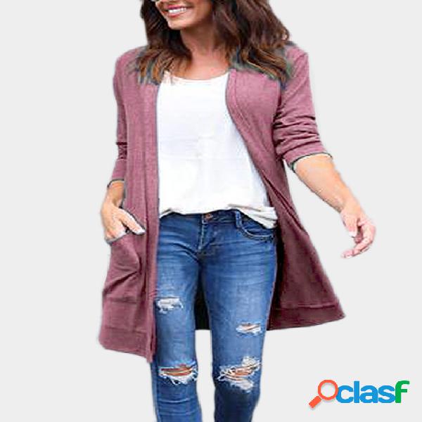 Pink Two Large Pockets Long Sleeves Cardigan