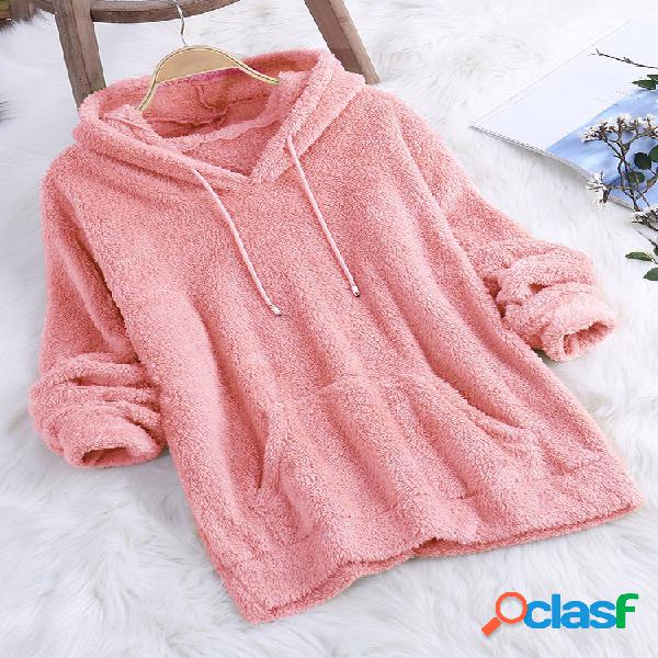 Pink V-neck Long Sleeves Double-faced Plush Hoodie