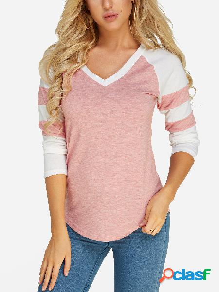 Pink V-neck Long Sleeves T-shirts