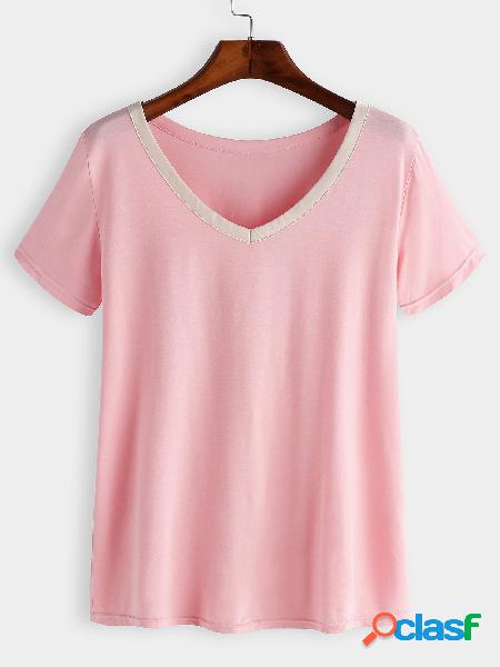 Pink V-neck Short Sleeves Pajama Set