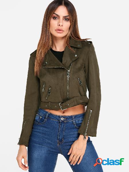 Plain Color Lapel Neck Zipper Biker Jacket with Zipper