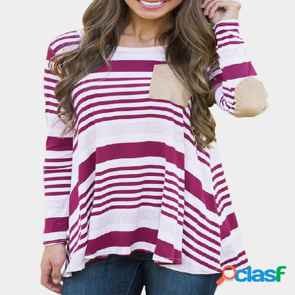 Plum Stripe Pattern Round Neck Long Sleeves Loose Casual