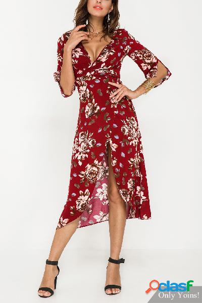 Plunge Split Sleeves Wrap Front Floral Print Maxi Dress with
