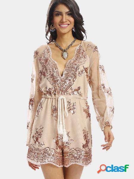 Plunge V-neck Long Sleeves Playsuit with Sequins