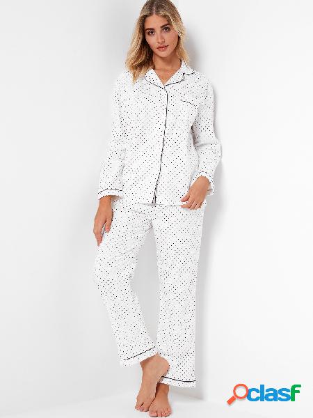 Polkat Dot Notch Collar Long Sleeves Pajama Sets