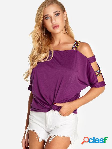 Purple Cut Out Cold Shoulder Half Sleeves T-shirt