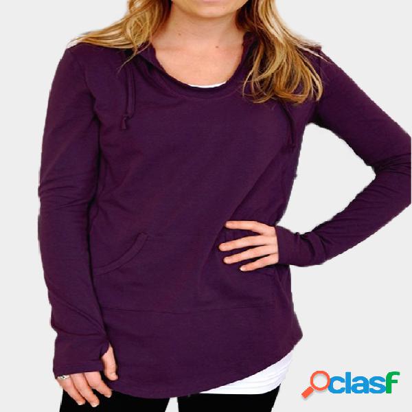 Purple Hooded Front Patch Pocket Long Sleeves Curved Hem