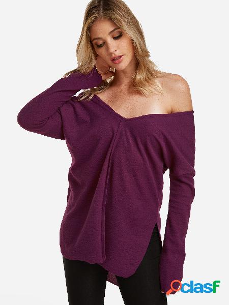 Purple Plain Slit Design One Shoulder Long Sleeves T-shirts