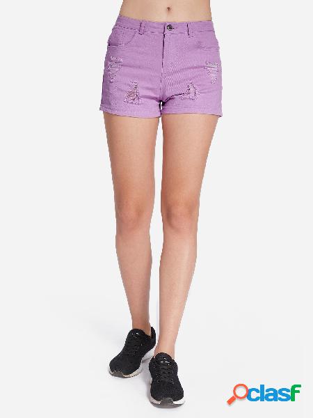Purple Random Ripped Details Plain Middle-waisted Shorts