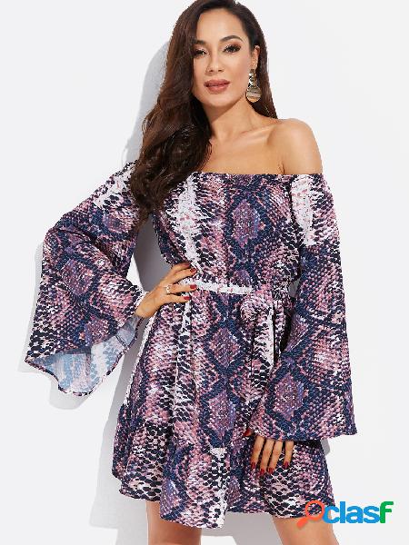 Purple Snake Off The Shoulder Bell Sleeves Stretch Waistband