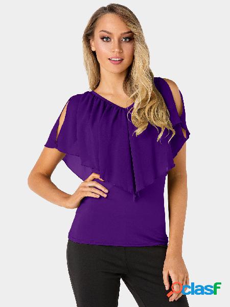 Purple Tiered Design Cold Shoulder Short Sleeves T-shirt