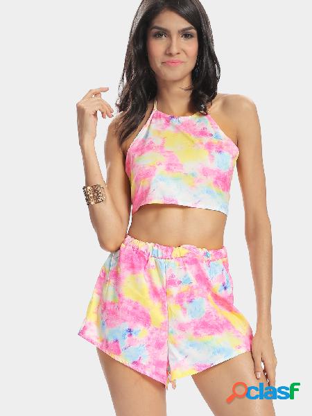 Rainbow Printing Halter Cropped Top & Mini Skirt Co-ord