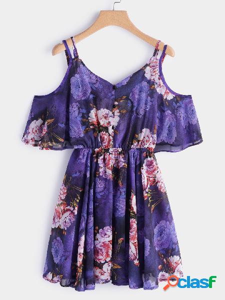 Random Floral Print Cold Shoulder Half Sleeves Chiffon Dress