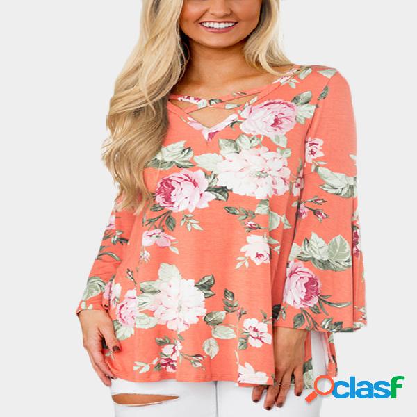 Random Floral Print Crossed Front Flared sleeves T-shirt in