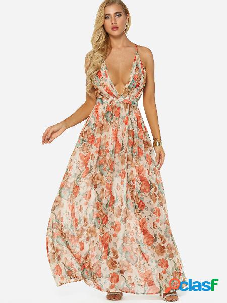 Random Floral Print Deep V-Neck Sleeveless Maxi Dress