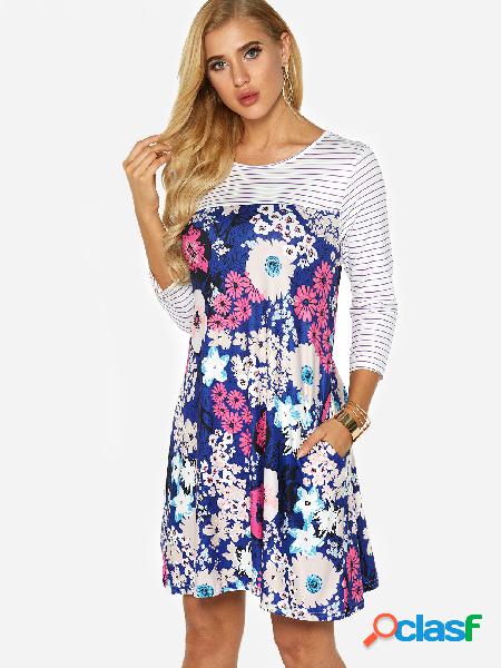 Random Floral Print Round Neck Long Sleeves Dress