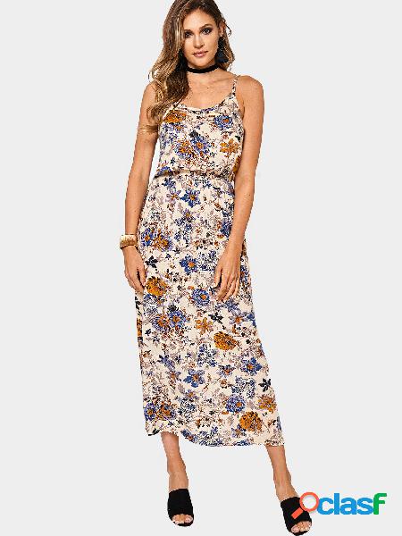 Random Floral Print Round Neck Tight Waist Midi Dress