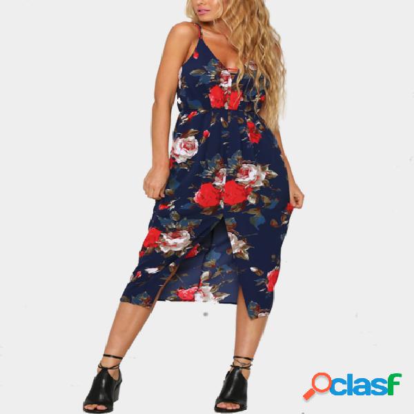 Random Floral Print Sleeveless Maxi Dress with Split Front