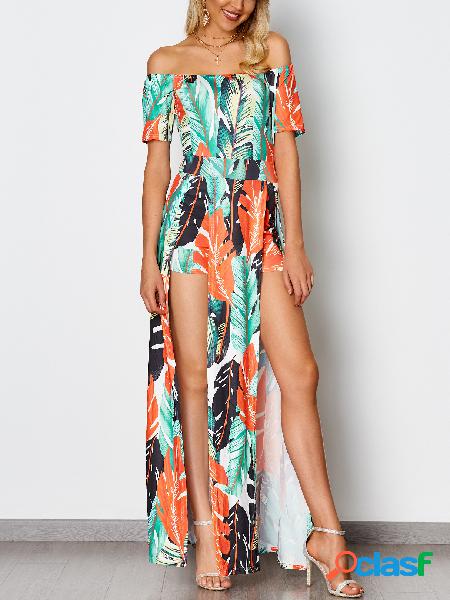 Random Floral Print Split Design Off the Shoulder Maxi Dress