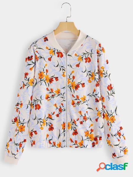 Random Floral Print Zipper Front Casual Jacket