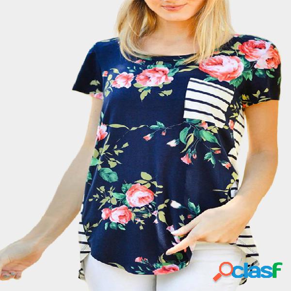 Random Floral Print and Stripe Pattern T-shirt