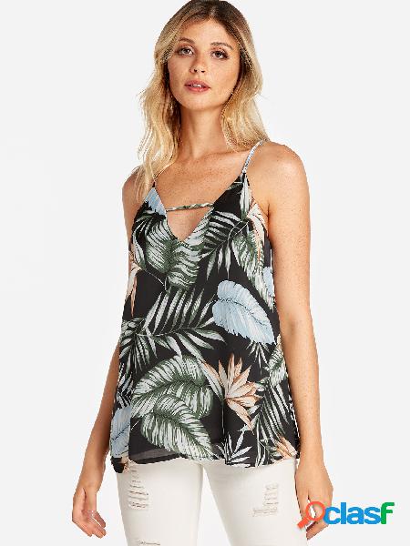 Random Leaf Print V-neck Sleeveless Cami