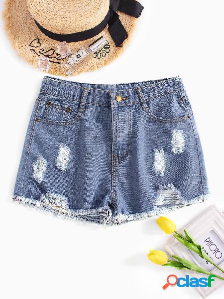 Random Ripped Details Mid Waist Denim Shorts