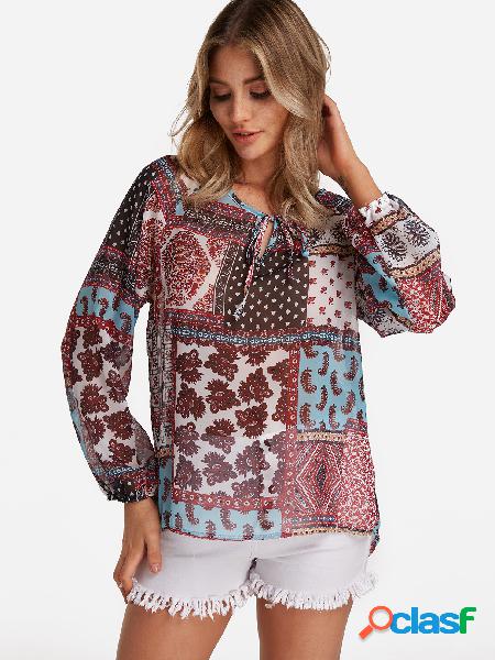Random Tribal Cut Out Print Round Neck Long Sleeves Blouse