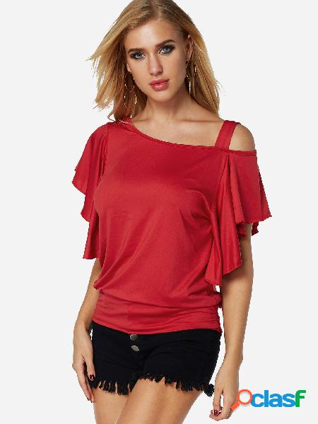 Red Asymmetric Neck Flounce Sleeve Top