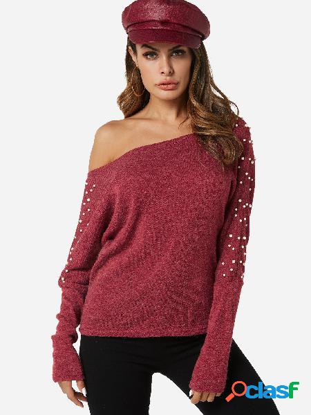 Red Beaded Details Plain Off The Shoulder Long Sleeves