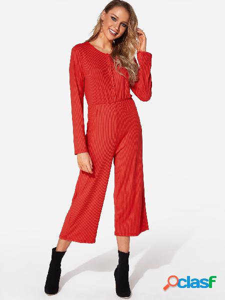 Red Button Design Round Neck Long Sleeves Jumpsuit
