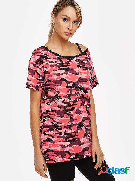 Red Camouflage Asymmetrical One Shoulder Short Sleeves