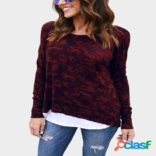 Red Camouflage Round Neck Long Sleeves T-shirt
