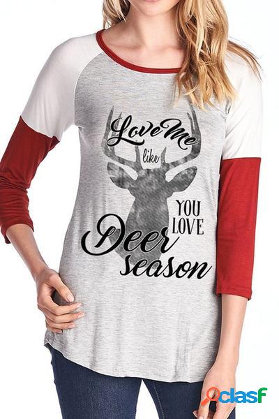 Red Christmas Graphic & Deer Pattern Round Neck Long Sleeves