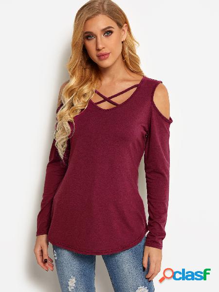 Red Cold Shoulder Crossed Front Design Plain Round Neck Long