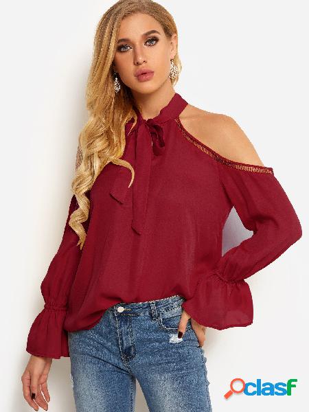 Red Cold Shoulder Self-tie Front Plain Hollow Details