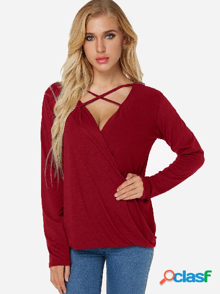 Red Crossed Front V-neck Pleated Details Long Sleeves
